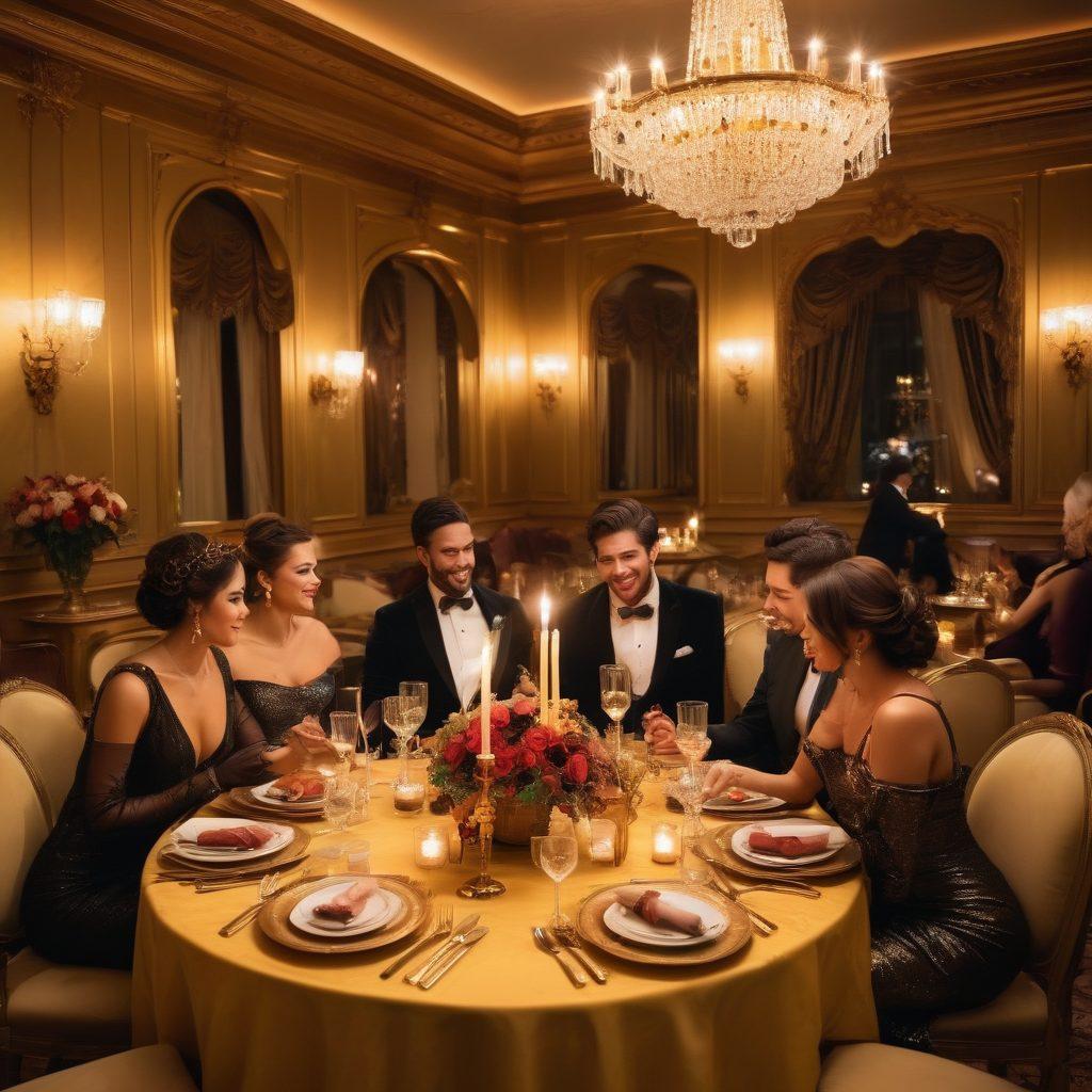 A lavish banquet scene filled with sumptuous dishes and exquisite drinks, opulent décor with golden accents, and indulgent desserts that tempt the senses. Include a diverse group of elegantly dressed individuals engaging in lively conversation and laughter, embodying the essence of hedonism. A warm, inviting atmosphere with soft lighting creating a sense of intimacy and luxury. super-realistic. vibrant colors. elegant style.