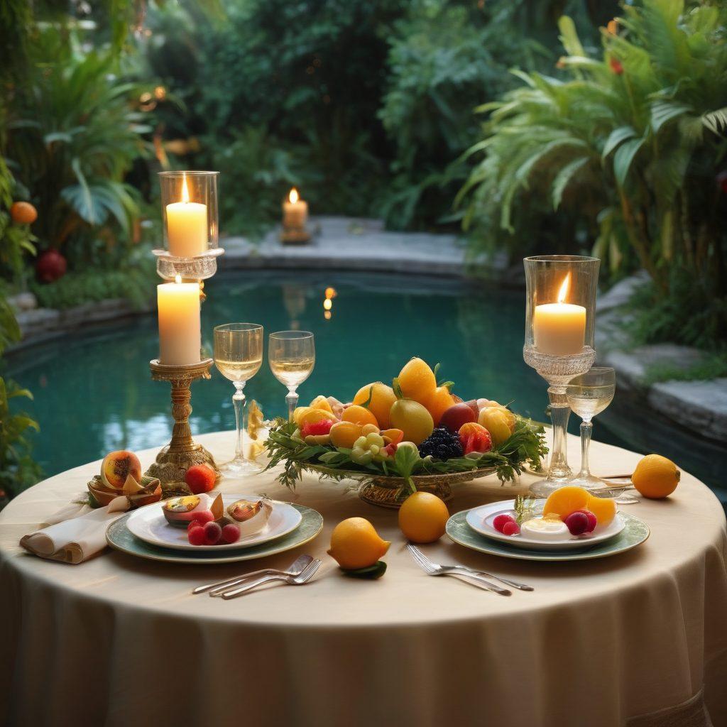 A lavish table set with decadent desserts, exotic fruits, and fine wines, surrounded by lush greenery. Soft candlelight flickers, casting warm shadows on elegant fabrics. In the background, a hint of a serene garden and gentle cascading water enhance the atmosphere of indulgence. Think of opulence and relaxation intertwined. super-realistic. vibrant colors. soft focus.